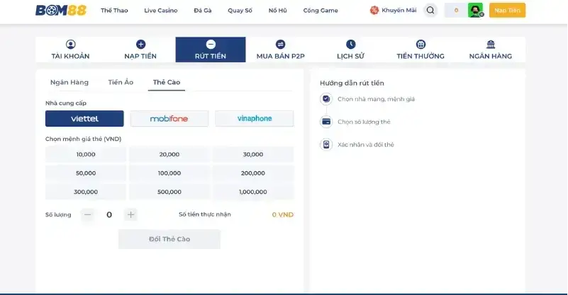 Quy trình rút tiền BOM88 bằng thẻ cào điện thoại